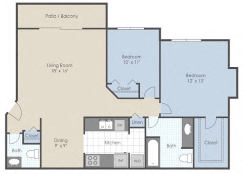 Floor plan for 2 beds, 1.5 baths, 950 sqft